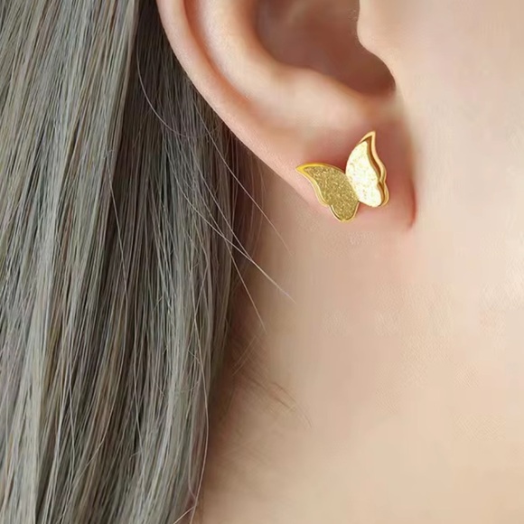 Gold Butterfly Stud Earrings - Picture 4 of 6
